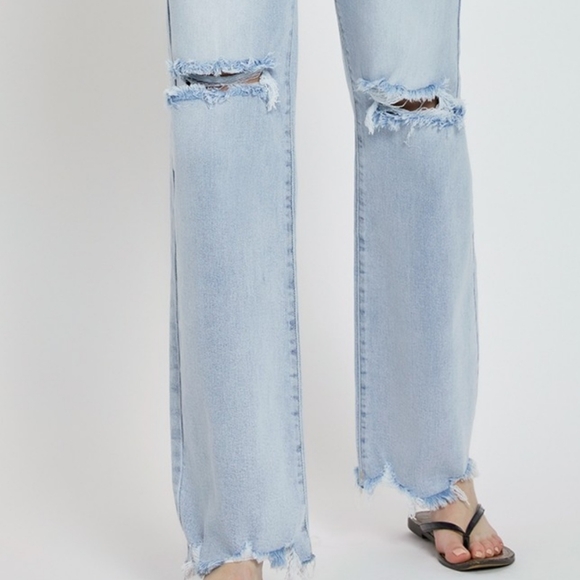 RISEN Distressed High-Rise Jeans Retro Straight Wide Leg Classic Denim Pants - Picture 7 of 16